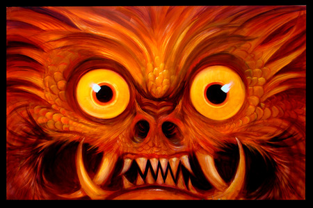 creepy monster - teeth, orangish, red, eyes, big, large