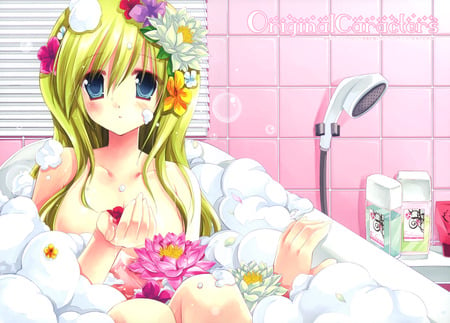 Miyasu Risa - anime, bath tub, girl, bath, blush, blonde hair, long hair, miyasu risa, flowers, cute, sexy, blue eyes