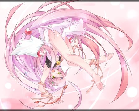 Original Pink - yellow eyes, anime, girl, blush, long hair, wings, cute, barefoot, pink hair, sexy, ribbons