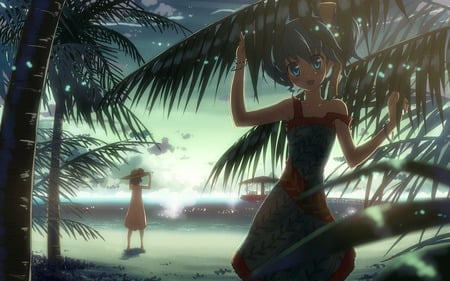 found u ! - girls, anime, sunny, beach, sand, tree, palm