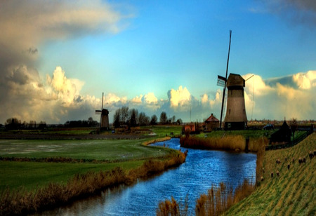 North Canal - holland, clouds, trees, hills, fields, fence, windmills, canal, houses, sky, netherlands