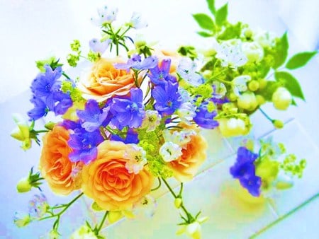 There is beauty in every day - roses, blue, leaves, golden, bouquet, iris, spring