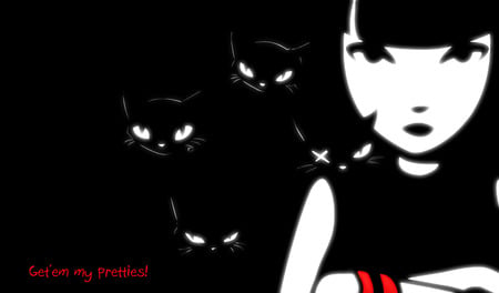 Get'em My Pretties! - emily, gothic, comic, black, white, strange, red, punk, cats