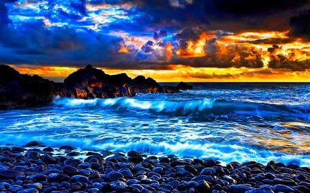 Mighty Blue - ray, blue, beach, island, wave, rocks, sky