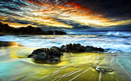 The Beauty - ray, nature, beach, island, reflection, wave, rocks, sky