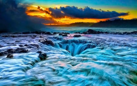 United As One - flow, beauty, ocean, wave, rocks, sky