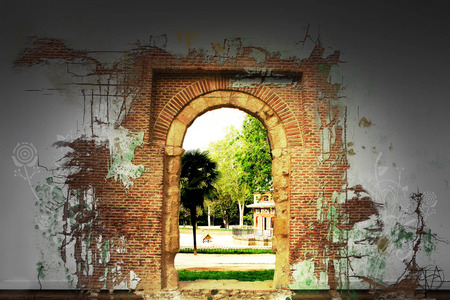 Outside looking in - doorway, palm tree, wall, courtyard, graffiti