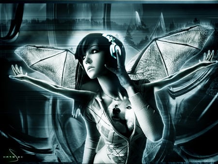 Trance - music, headphone, fantasy, woman, trance, wings, cool