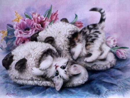 romantic arts  060. jpg - slippers, playtime, kittys, flowers, playing