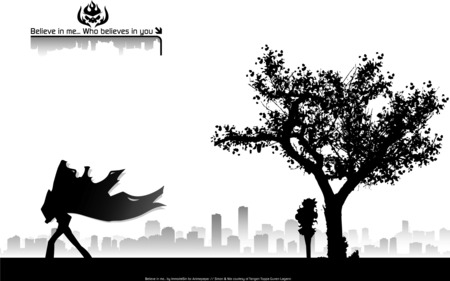 Gurren Laggan - white, gurren, title, city, anime, tree, laggan, black