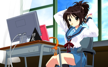 The Melancholy of Suzumiya Haruhi - pc, melancholy, hair, computer, haruhi, brown, window, uniform, suzumiya