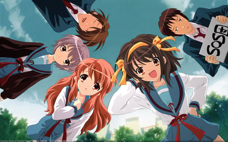 The Melancholy of Suzumiya Haruhi - male, sky, melancholy, trees, female, hair, haruhi, violet, brown, sos, clouds, anime, orange, uniform, suzumiya