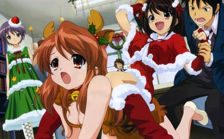 The Melancholy of Suzumiya Haruhi - anime, female, haruhi, brown, suzumiya, orange, hair, male, christmas, sos, x-mas, melancholy