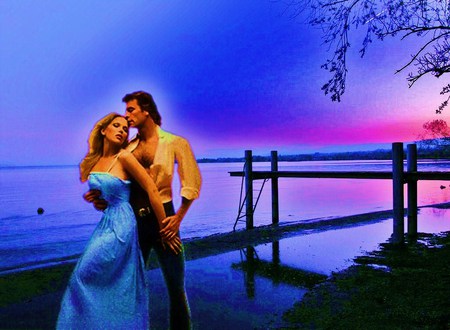 Love by Sapphire Bay  - touching, blue, woman, pink sky water, man, lovers, bay