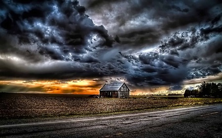 Abandon Farm House - farm, sky, ray, road, clouds, field, trees