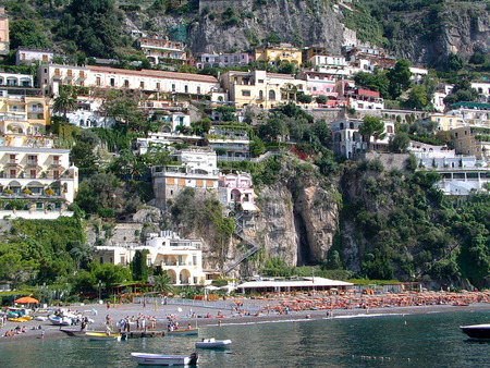 Italy Positano Amalfi Coast - sunny, summer, people, beach, italia, holidays, cliffs, houses, trees, beautiful, vacation, amalfi coast, sea, resort, hotels, boats, mountains, italy, rocks