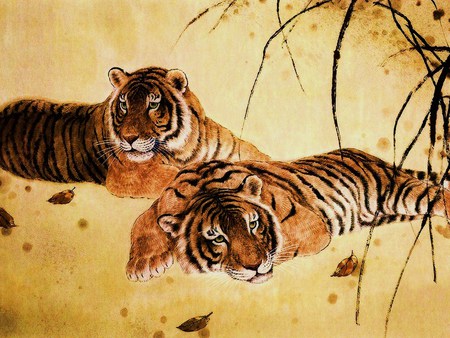 Bonnie & Clyde - pair, savanna, stripes, resting, tigers