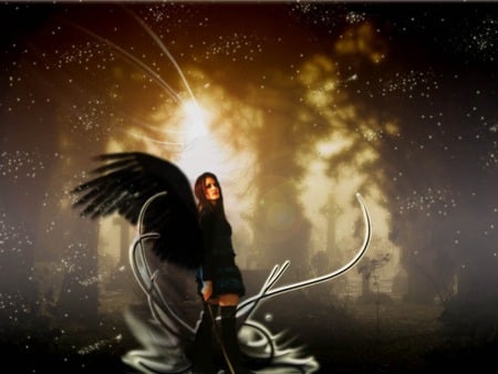 Dark angel - trees, sword, silhouette, gold, angel, stars, black, fantasy, woman, wings, nice, cross, feathers