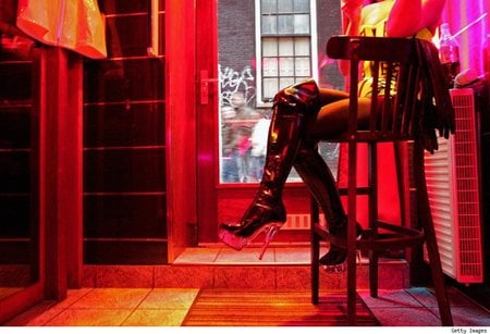 Red light district - woman, sexy, amterdam, heels, legs, stool, window, torso, spikes, red light