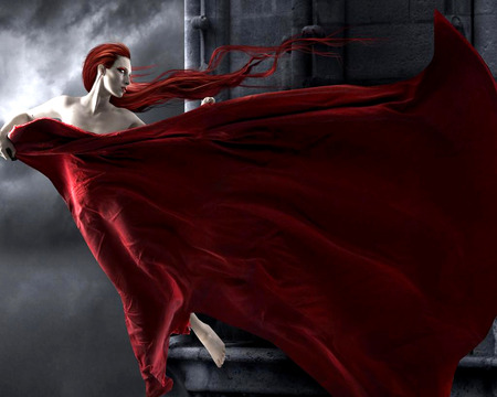 Lady n Red. jpg - women, lady, red, hair, fantasy, dress