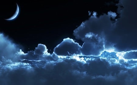 CRESCENT MOON - crescent, moon, clouds, night