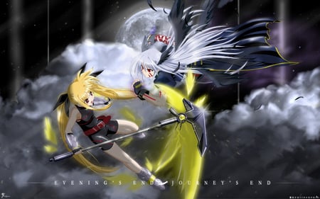 Nanoha As - Fate - nanoha, clouds, moon, anime, female, blonde, hair, dark, battle, white, as, weapon, fate, sky