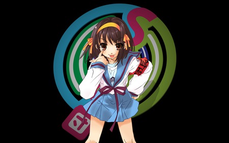 The Melancholy of Haruhi Suzumiya - melancholy, hair, haruhi, logo, brown, dark, anime, uniform, ribbon, suzumiya