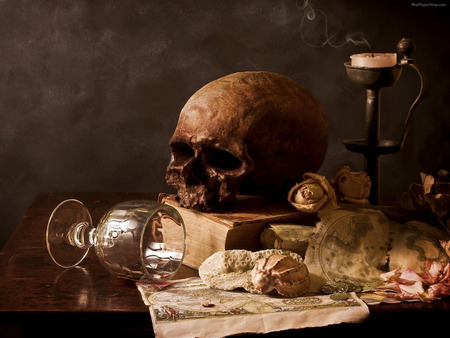 Candle  Skull. jpg - candle, book, glass, skull