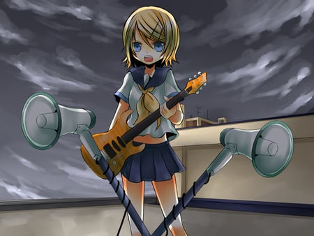 Kagamine Rin - anime, vocaloid, girl, blonde hair, guitare, short hair, kagamine rin, cute, sexy, blue eyes