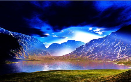 Deserted lake - clouds, deserted, cliffs, sunrise, lake, grass