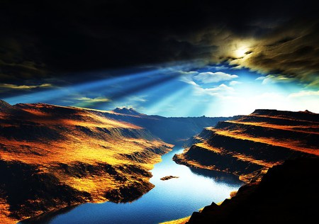 Golden valley - valley, river, golden, beams, sunset, rugged, cliffs