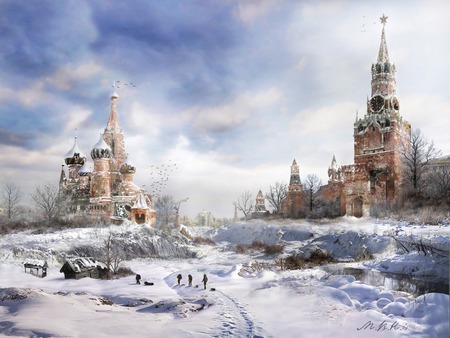 apocalyptic times - sky, kremlin, russia, apocalyptic, winter, russian, times, moscow, church, endtimes, snow, stbasils, clouds