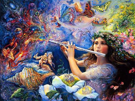 All The World is Music - girl, creation, nature, flute