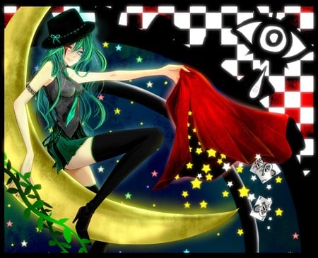 Anime - moon, cards, vocaloid, twintails, miku, red