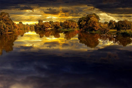 THE BEAUTY OF REFLECTIONS - reflections, autumn, trees, sunsetlake, clouds, water, skies