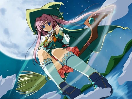 Wiz Anniversary - moon, anime, wizard, broom, wiz anniversary, girl, long hair, cute, pink hair, sexy, blue eyes