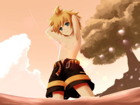 Kagamine Len - sexy, blue eyes, water, blonde hair, boy, anime, tree, short hair, cute, kagamine len