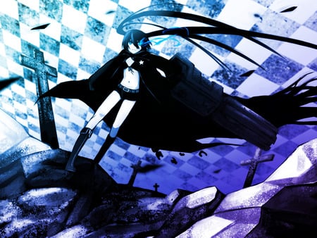 Black rock shooter - gun, sexy, girl, twintails, blue eyes, long hair, kuroi mato, black hair, anime, cute, black rock shooter