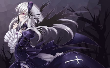 Suigintou - rozen maiden, anime, girl, long hair, red eyes, suigintou, gray hair, cute, sexy