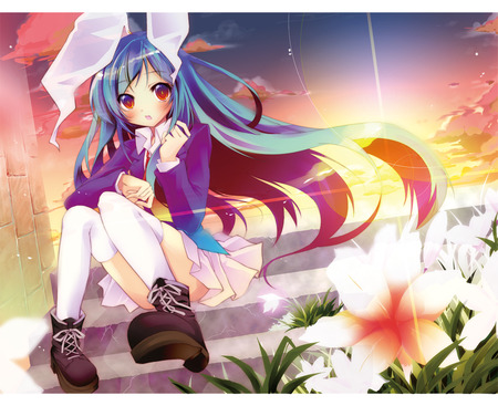 Reisen Udongein Inaba - anime, animal ears, girl, blush, long hair, red eyes, reisen udongein inaba, flowers, sunset, touhou, blue hair, cute, purple hair, sexy, sky