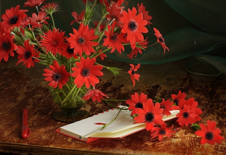 Nothing to say,but to write - vase, table, diary, still life, red pen, red flowers, flowers, nature, red gerbera daisies