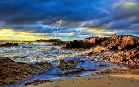 Stormy Wave - beach, sky, thunder, lightning, wave, rocks