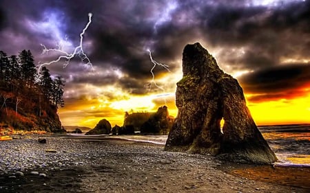 Thunder Roar - trees, beach, lightning, thunder, mountain, rocks, sky