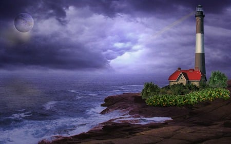 Stormy Light - moon, lighthouse, stormy, night, ocean