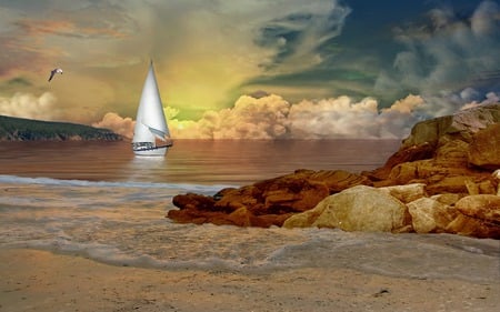 Evening Sail - sailing, golden, water, sky