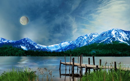 Silvery Moon - moon, blue, water, mountains, fantasy