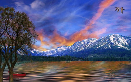 Morning Magic - water, blue, orange, mountains, tree, sky