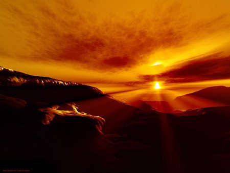 Warming - sky, clouds, red, sun, orange, mountains, cg