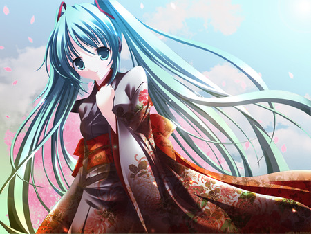 Hatsune Miku - hatsune miku, sexy, girl, twintails, blue eyes, long hair, blue hair, vocaloid, petals, anime, kimono, japanese clothes, cherry blossoms, cute