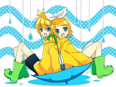 Len & Rin - anime, vocaloid, girl, kagamine len, blonde hair, short hair, boy, kagamine rin, umbrella, rain, cute, ribbon, brothers, sexy, blue eyes